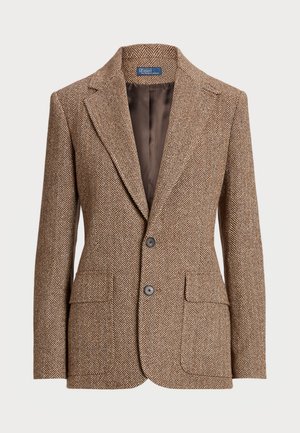 Brown herringbone blazer with a notched collar, two buttons, and front pockets; features a smooth inner lining.
