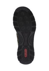 Semelle de chaussure en caoutchouc noir avec surface texturée, présentant des motifs de semelle et un accent de logo rouge ; conçue pour la traction et la durabilité.