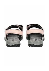 Rosa und schwarze Sandalen mit verstellbaren Riemen, einer gepolsterten Innensohle und einer grauen Laufsohle, die über eine strukturierte Grip-Oberfläche und konturierte Form verfügt.