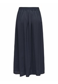Marineblaue Midirock aus einem weichen, strukturierten Stoff, mit einem elastischen Bund und Falten für zusätzlichen Volumen.