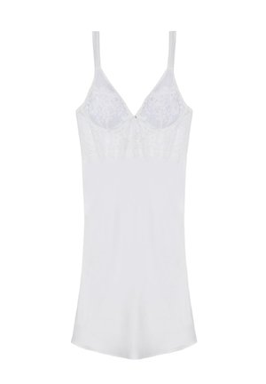 Biała koszulka na ramiączkach z koronkowymi zdobieniami na dekolcie, cienkimi regulowanymi ramiączkami i gładkim, dopasowanym krojem. Posiada delikatny blask.