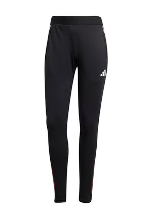 Leggings sportivi neri realizzati in materiale elastico; presentano tasche laterali, un colore uniforme e un piccolo logo bianco sul lato sinistro.