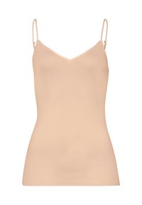 Paita camisole värviga virsik, millel on õhukesed reguleeritavad spageti rihmad, V-kaelus, sile tekstuur ja istuv siluett.