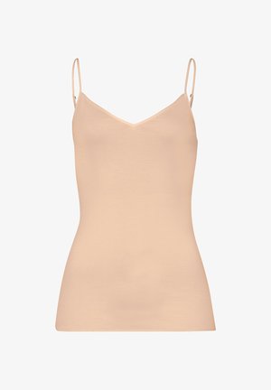 Perzikkleurige camisole met dunne verstelbare spaghettibandjes, v-halslijn, zachte textuur en een getailleerde silhoët.