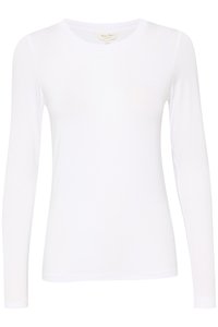 Weißes Langarm-T-Shirt aus glattem Stoff. Verfügt über einen runden Ausschnitt und eine figurbetonte Silhouette. Keine sichtbaren Muster oder Akzente.