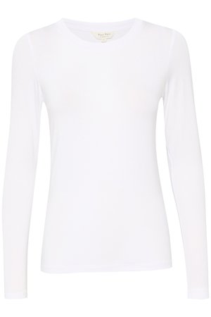 T-shirt bianco a maniche lunghe realizzato in un tessuto morbido. Presenta un colletto rotondo e una silhouette aderente. Senza motivi visibili o accenti.