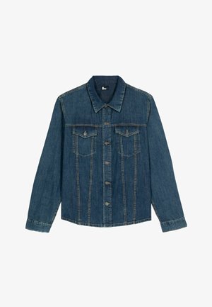 Chaqueta de denim azul oscuro con cuello, cierre frontal de botones, dos bolsillos en el pecho y costuras detalladas a lo largo de las costuras.