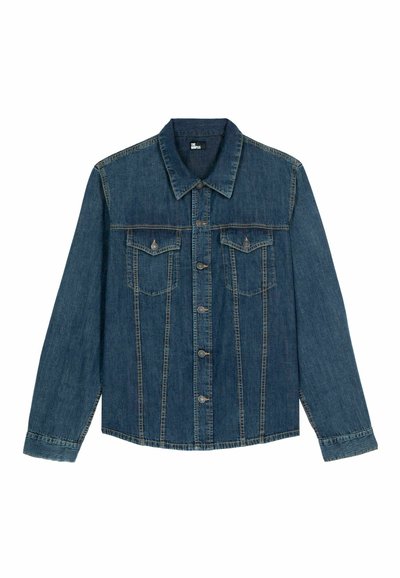 Ciemnoniebieska kurtka dżinsowa z kołnierzykiem, zapięciem na guziki z przodu, dwiema kieszeniami na piersiach oraz przeszyciami wzdłuż szwów.