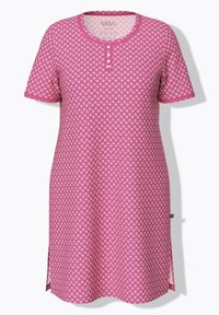 Camisón rosa de manga corta con pequeño patrón de diamantes blancos, escote redondo, tres botones blancos y aberturas laterales en el dobladillo.