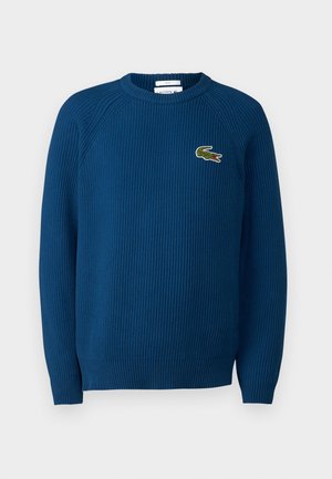 Blauw geribd sweater met een ronde halslijn en raglanmouwen. Heeft een klein, geborduurd groen krokodillenlogo op de linkerborst.
