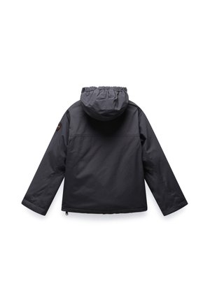 Černá kapuce z hladké, povětrnostně odolné tkaniny. Má elastické manžety, kapuci na stažení a logo na rukávu.