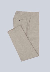 Hellgraue, maßgeschneiderte Hose aus einem strukturierten Stoff, mit einer Gesäßtasche mit Knopf und gebügelten Bügelfalten an den Beinen.