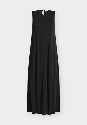 Sleeveless black maxi dress with flowing A-line silhouette and keyhole button closure at the back neckline.