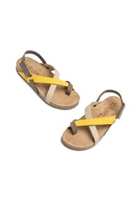 Sandali marroni e beige con accenti gialli, caratterizzati da cinturini incrociati e una fascetta sul tallone regolabile. Parte superiore in suede e suola testurizzata.