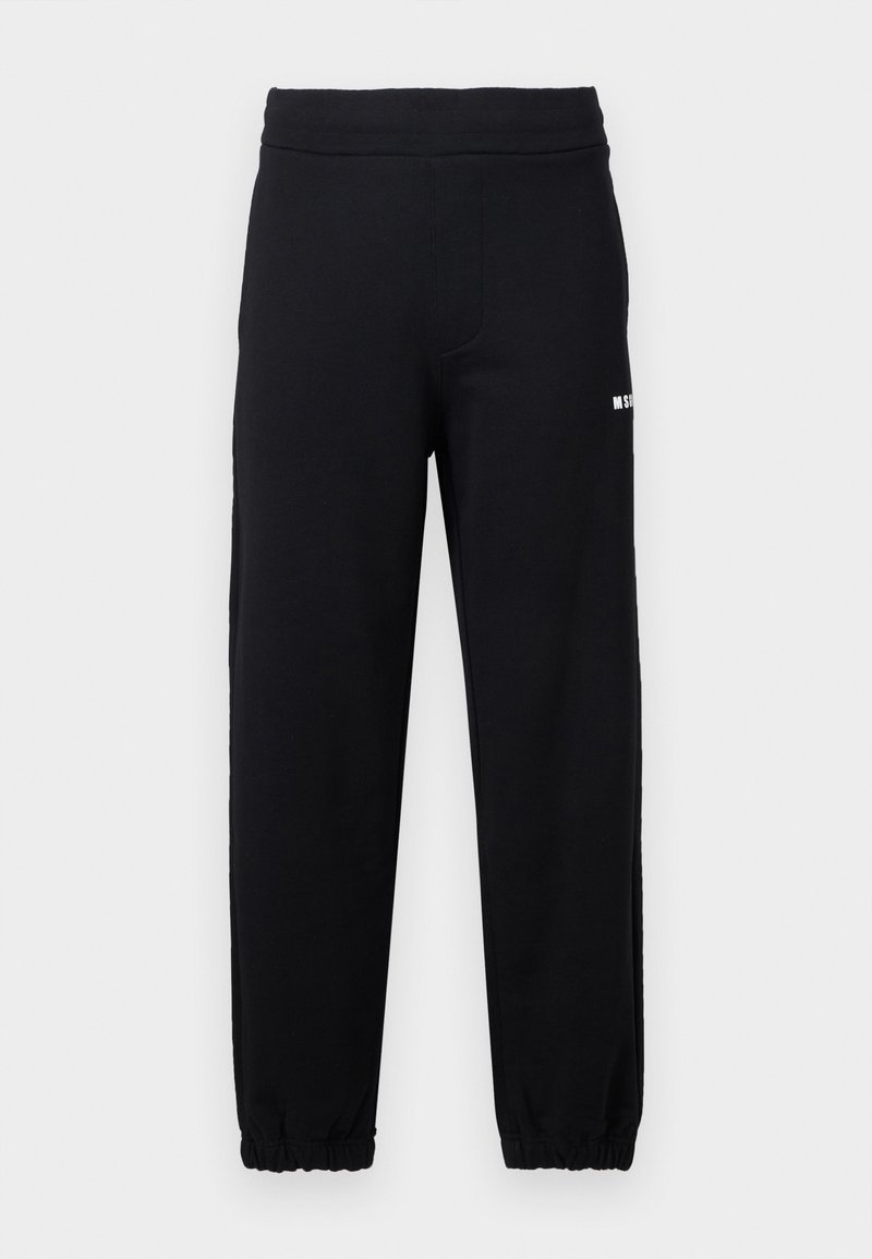 Zwarte joggingbroek met elastische tailleband en boorden, voorzien van een klein wit logo op de bovenkant van de linker dij.
