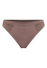 Braunes Bikini-Höschen aus glattem Stoff, mit hohem Bund, minimalistischem Design und flachen Nähten für zusätzlichen Komfort.