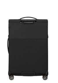 Valise noire avec une surface en tissu texturé, une poignée supérieure et quatre roues. Présente un design rectangulaire élégant sans marque visible.