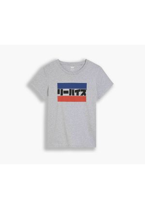 T-shirt gris clair à manches courtes avec un motif rectangulaire bleu et rouge et un texte japonais noir au centre.