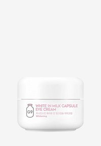 Barattolo bianco rotondo di crema per gli occhi con superficie liscia, etichettato "White in Milk Capsule Eye Cream", con testo rosa e un design semplice.