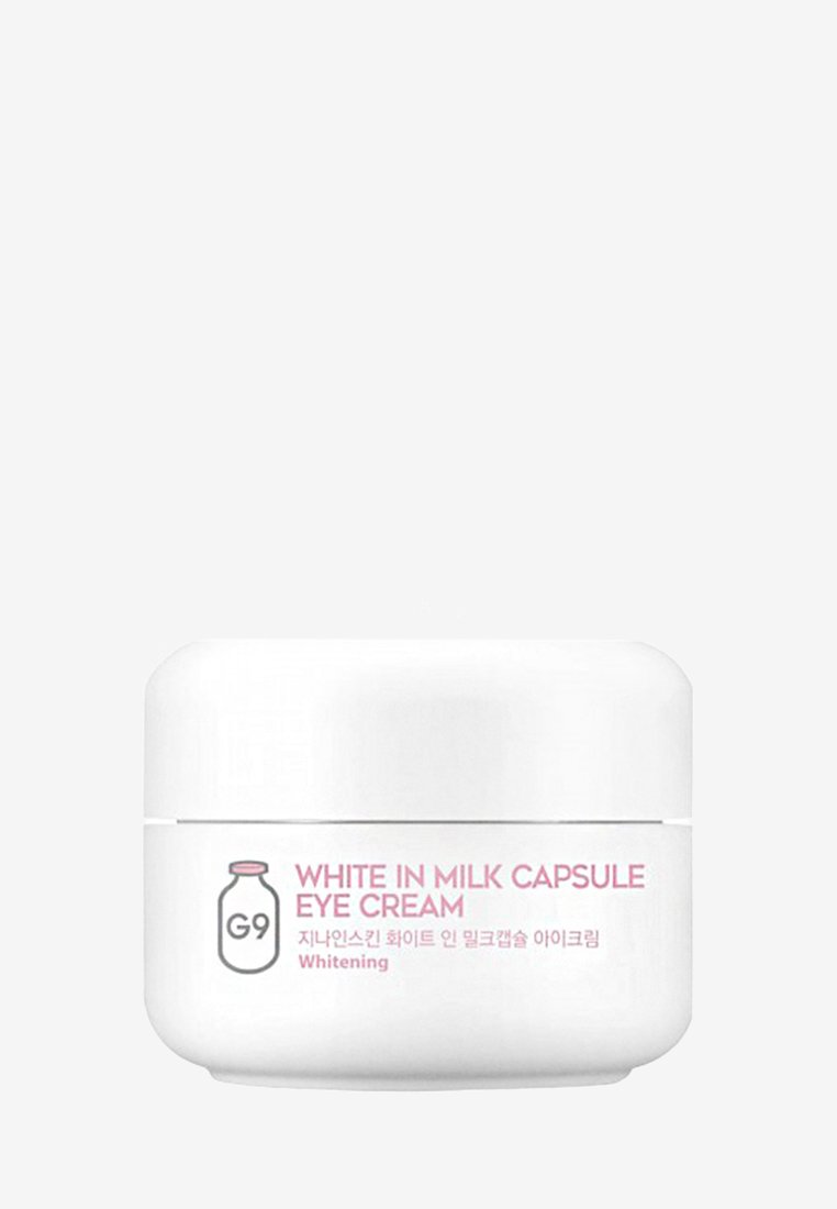 Barattolo bianco rotondo di crema per gli occhi con superficie liscia, etichettato "White in Milk Capsule Eye Cream", con testo rosa e un design semplice.