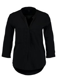 Schwarzes Langarmshirt mit V-Ausschnitt, zwei vorderen Taschen, abgerundetem Saum und glatter Stofftextur.