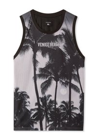 Top atletico senza maniche in nero e grigio con un motivo di palme e la scritta "VENICE BEACH", realizzato in materiale a rete traspirante.