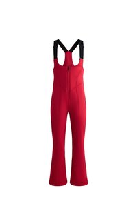 Piros síoverál elasztikus anyagból, cipzáros elülső résszel, állítható fekete vállpántokkal, bővülő szárakkal és látható varrási részletekkel.