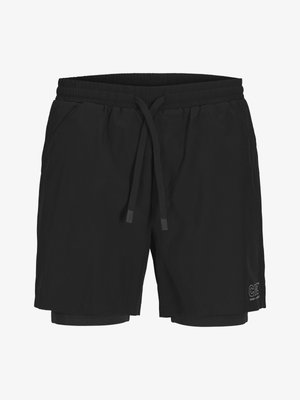 Čierne plavecké šortky vyrobené z ľahkej látky s elastickým pásom, nastaviteľnou šnúrkou a vnútornou podšívkou. Obsahujú logo na strane.