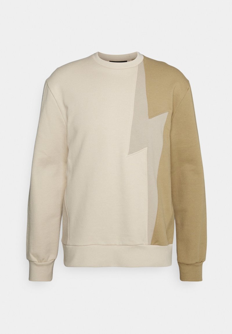 Sweat-shirt à manches longues avec col rond, motif blocks de couleur beige et marron clair, avec un motif d'éclair sur le côté droit à l'avant.
