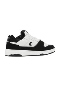 Black and white athletic sneaker with a smooth leather upper, lace closure, padded collar, and logo accent on the side. Rubber outsole.