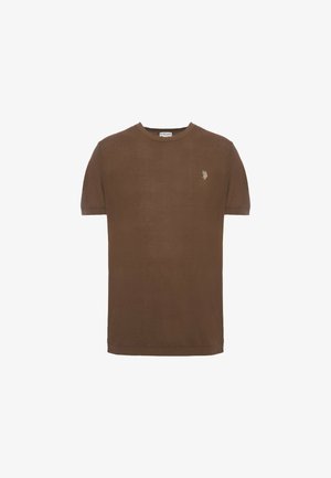 T-shirt in cotone marrone con maniche corte e scollatura rotonda. Presenta un piccolo logo ricamato sul petto. Tessuto liscio, vestibilità regolare.