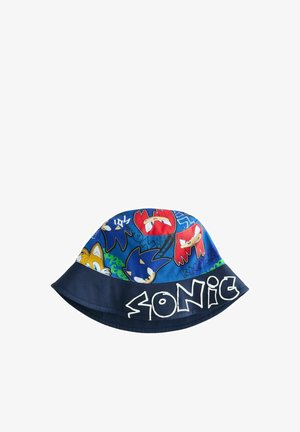 Detský klobúk typu bucket s farebnými postavičkami Sonic the Hedgehog, Tails a Knuckles a textom „SONIC“ na tmavom okraji.