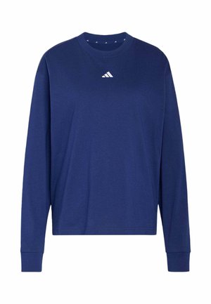 Camiseta de manga larga azul marino con cuello redondo y pequeño logo blanco de Adidas centrado debajo del escote.