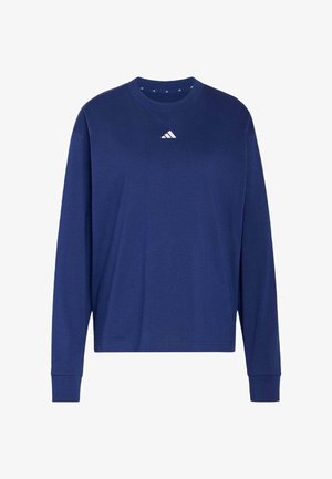 Granatowy, długorękawowy T-shirt z okrągłym dekoltem i małym białym logo Adidas umieszczonym na środku pod dekoltem.