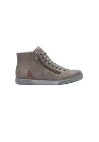 Gray leather ankle boots with a zipper and lace-up design, textured rubber sole, and contrasting gray stitching. Features a small red accent detail.