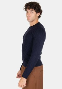 Maglione a maglia blu navy con motivo a rombi, collo rotondo e polsini a coste. Il modello indossa pantaloni beige, evidenziando la vestibilità e la consistenza del maglione.
