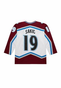 Ice hockey jersey with maroon, white, and blue colors, number 19, and the name "SAKIC" on the back.