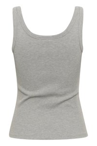 Gray ribbed tank top, fitted design, sleeveless with a rounded neckline. Soft texture, seamless construction with no visible hardware.