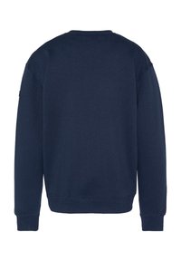 Donkerblauwe katoenen sweatshirt met een klassieke ronde hals, ribgebreide boorden en onderkant; heeft een zachte, gladde textuur en een relaxte pasvorm.