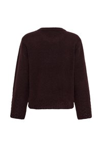 Pull en maille marron foncé à manches longues avec un col rond et des motifs subtils en dentelle sur les manches et l’ourlet, vu de dos.