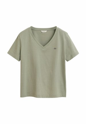 T-shirt z krótkim rękawem w serek, wykonany z miękkiej, oliwkowej bawełny, z małym haftowanym logo na piersi.