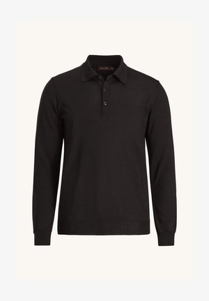 Zwarte poloshirt met lange mouwen van een soepele stof, met een klassieke kraag, een drie-knopenlijst en geribde manchetten.