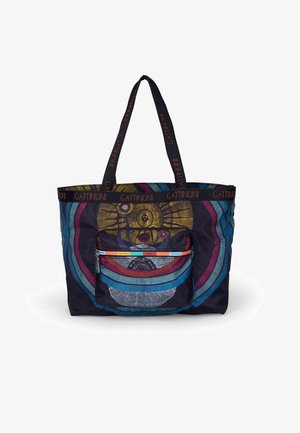 Bolsa de tela con asas negras etiquetada "Gattinoni", con un diseño colorido de círculos concéntricos y elementos celestiales, y un bolsillo con cremallera en la parte delantera.
