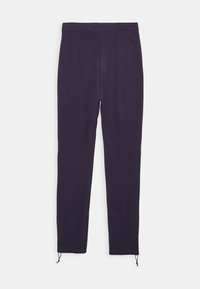 Purple leggings made of stretch fabric, featuring a fitted design and ankle drawstrings. Smooth texture, no visible patterns or accents.