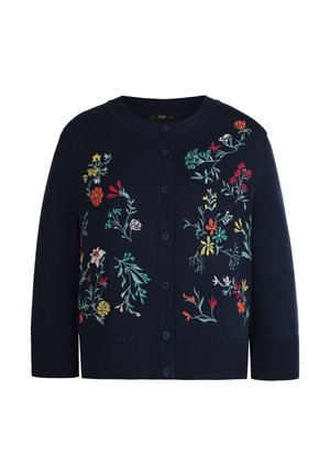 Marineblauwe vest met knopen en een veelkleurig bloemrijk borduurwerk verspreid over de voorkant en driekwart mouwen.