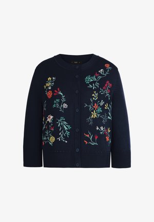 Temno modra jopica z gumbi in večbarvnimi cvetličnimi vezeninami razporejenimi po sprednji strani in na rokavih do komolcev.