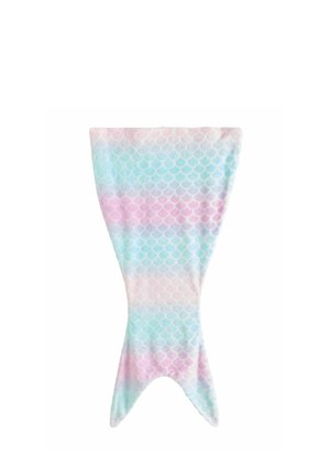 Weiche Stoff-Meerjungfrauenschwanzdecke mit pastellfarbenem rosa, blau und weißem Schuppenmuster und Fischschwanzende.