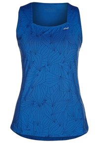 Blue athletic tank top with a leaf pattern, made from lightweight fabric. Features a scoop neck and sleeveless design for comfort.