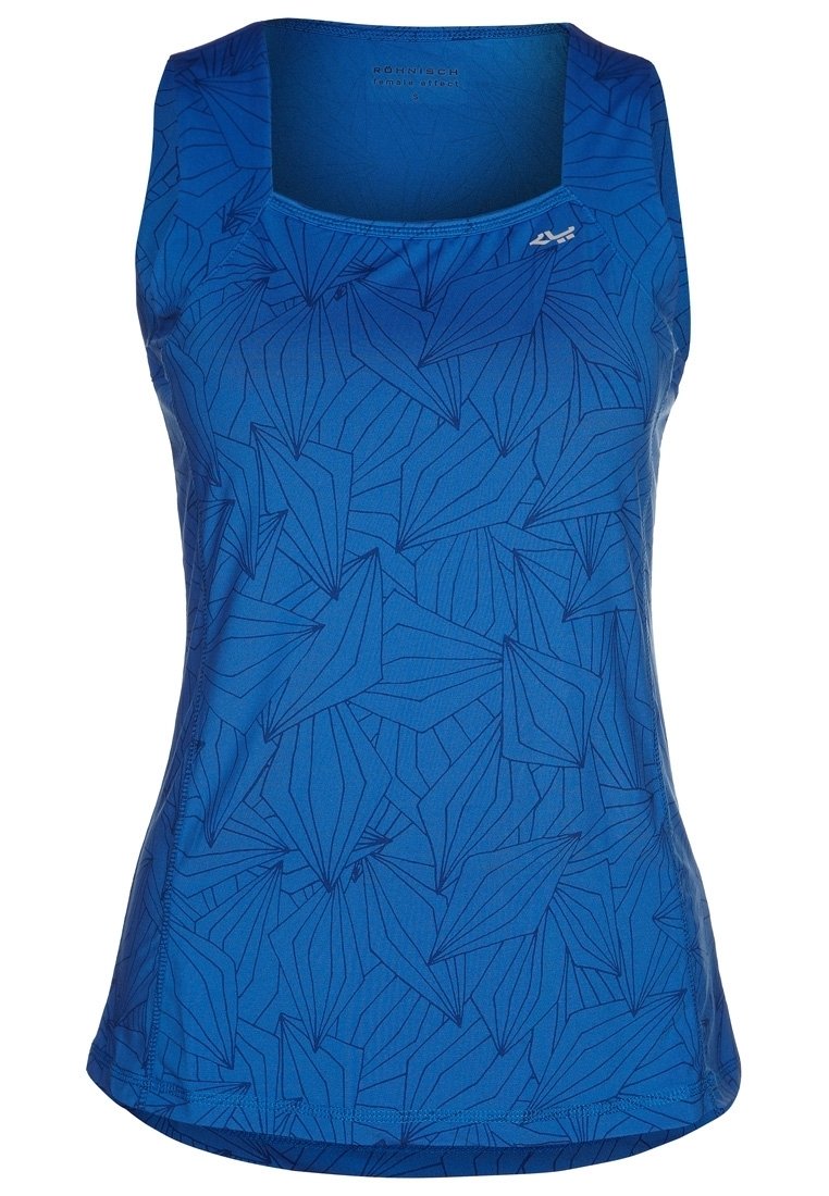 Blue athletic tank top with a leaf pattern, made from lightweight fabric. Features a scoop neck and sleeveless design for comfort.