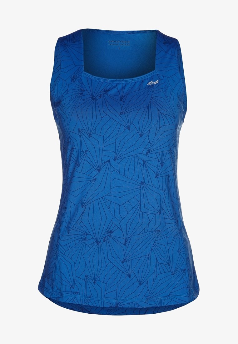 Blue athletic tank top with a leaf pattern, made from lightweight fabric. Features a scoop neck and sleeveless design for comfort.